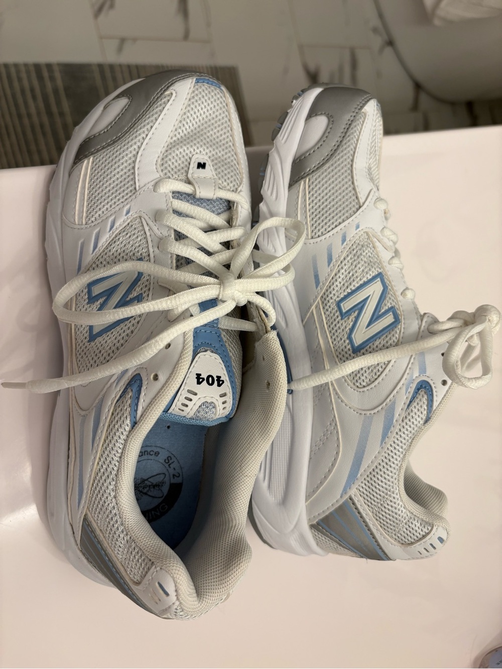 New Balance White and Light Blue Athletic Sneakers - Picture 5 of 5